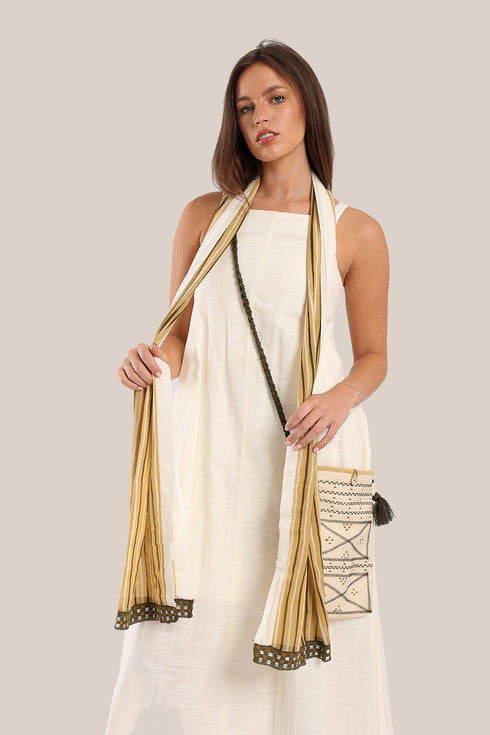 Striped printed scarf with embroidery