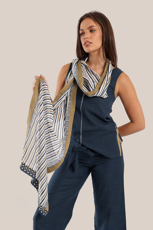 Striped printed scarf with embroidery