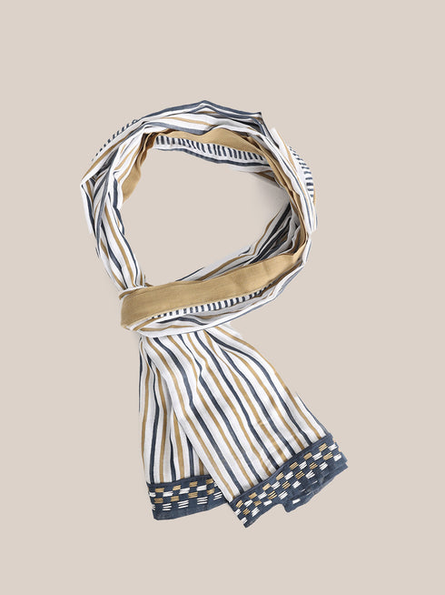 Striped printed scarf with embroidery