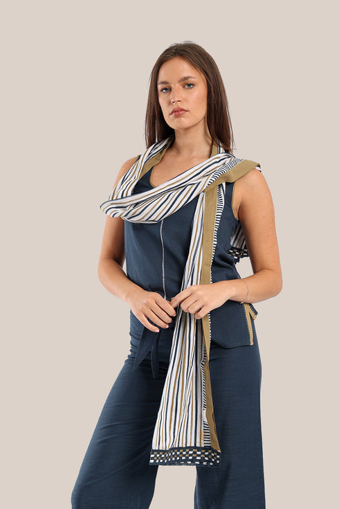 Striped printed scarf with embroidery