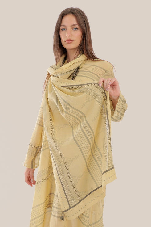 Printed cotton scarf with fabric tassels