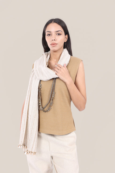 Hand embroidered striped linen-cotton scarf