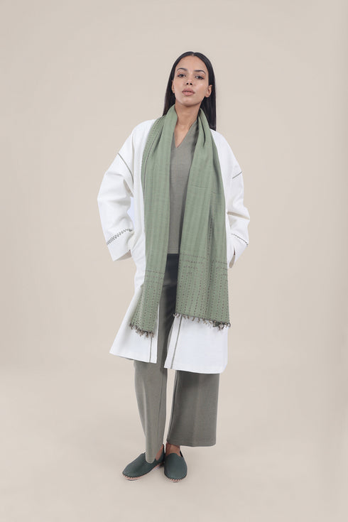 Hand embroidered striped linen-cotton scarf