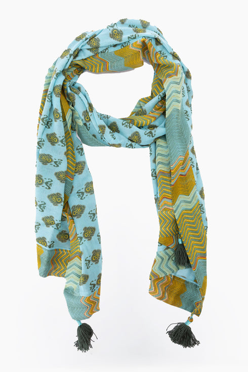 Scarf in printed cotton gauze with tassels and trimmed border