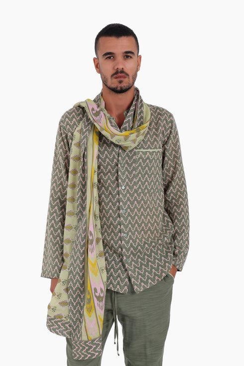 Scarf trimmed in contrast print cotton gauze.