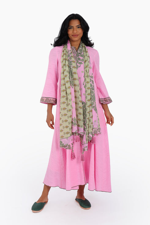 Scarf in printed cotton gauze, trimmed in cotton voile