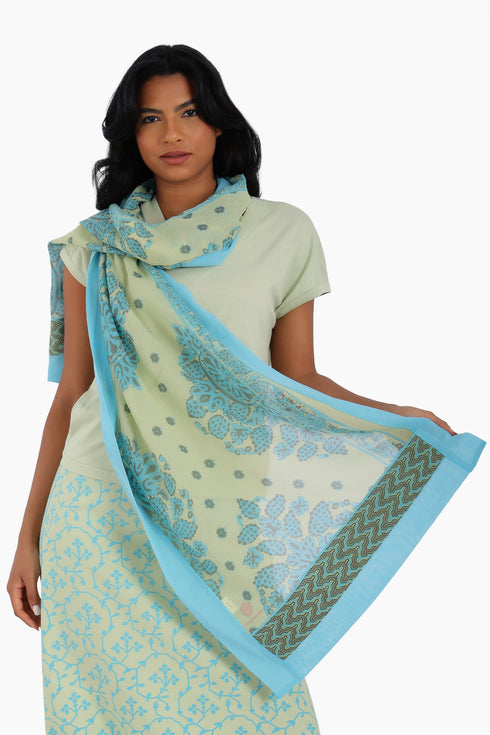 Scarf in printed cotton voile with multi color trims