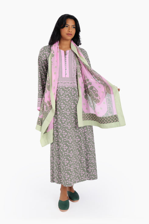 Scarf in printed cotton voile with multi color trims