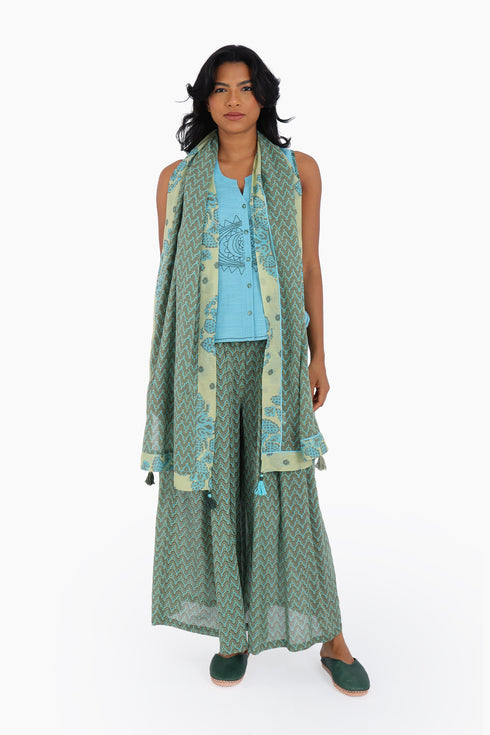 Scarf in cotton gauze, trimmed in cotton printed voile contrast pattern