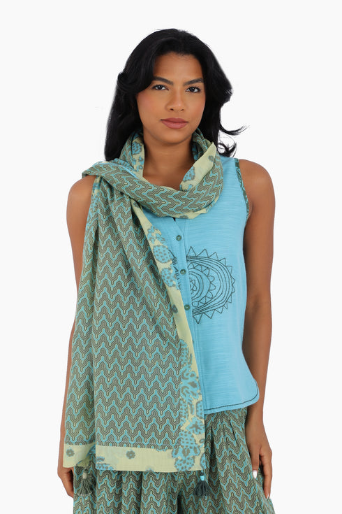 Scarf in cotton gauze, trimmed in cotton printed voile contrast pattern