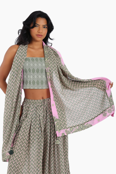 Scarf in cotton gauze, trimmed in cotton printed voile contrast pattern