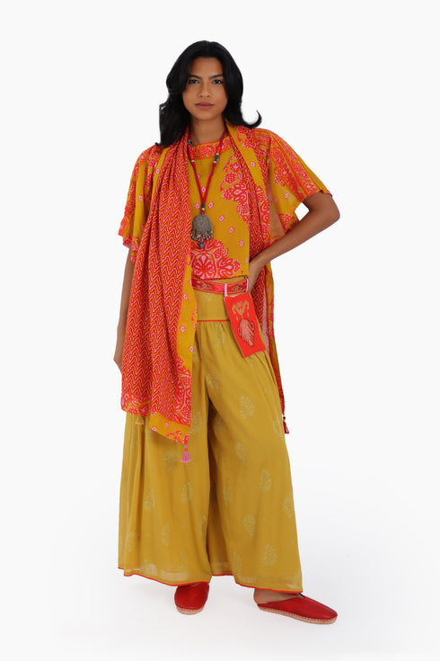 Scarf in cotton gauze, trimmed in cotton printed voile contrast pattern