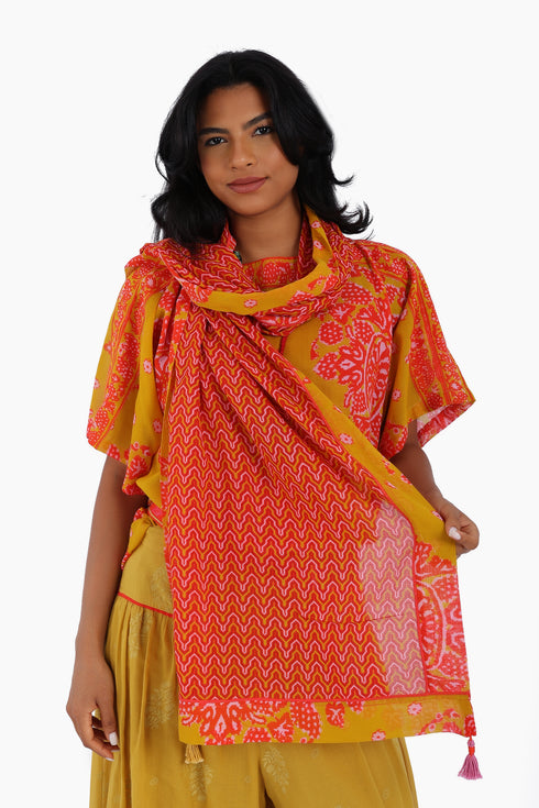 Scarf in cotton gauze, trimmed in cotton printed voile contrast pattern