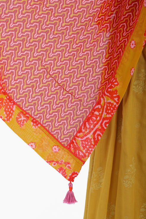 Scarf in cotton gauze, trimmed in cotton printed voile contrast pattern