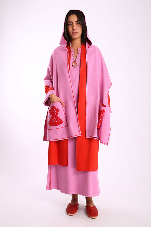 Hooded shawl in cotton blend faux cashmere with 2 patch pockets