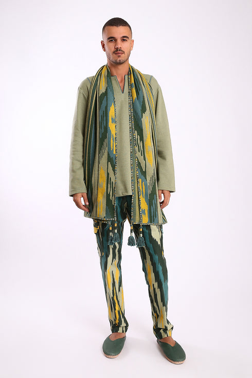 Shawl in striped jacquard cotton blend with tassels