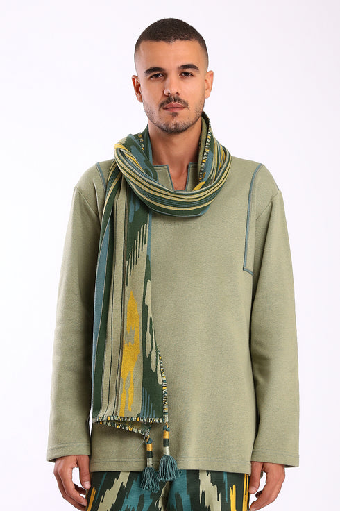 Shawl in striped jacquard cotton blend with tassels