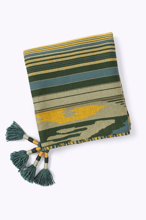 Shawl in striped jacquard cotton blend with tassels