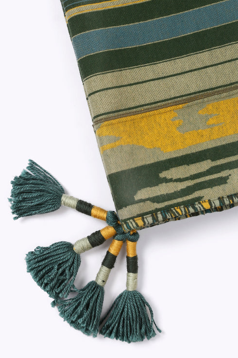 Shawl in striped jacquard cotton blend with tassels