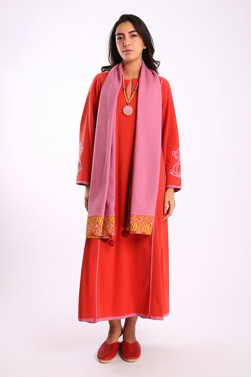 Shawl in plain cotton blend jacquard with pom poms