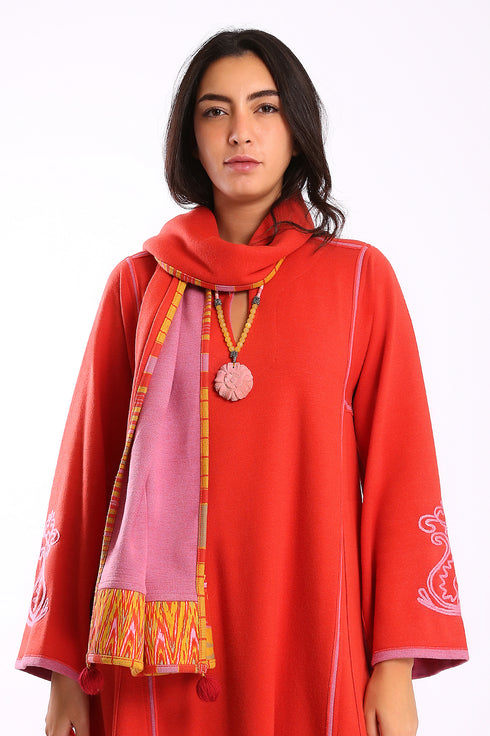 Shawl in plain cotton blend jacquard with pom poms