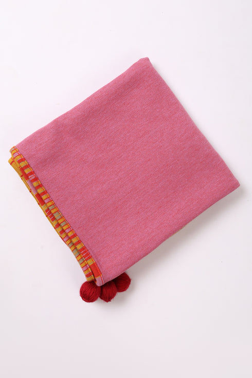 Shawl in plain cotton blend jacquard with pom poms