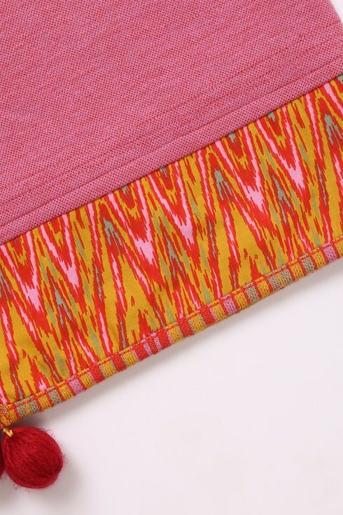 Shawl in plain cotton blend jacquard with pom poms