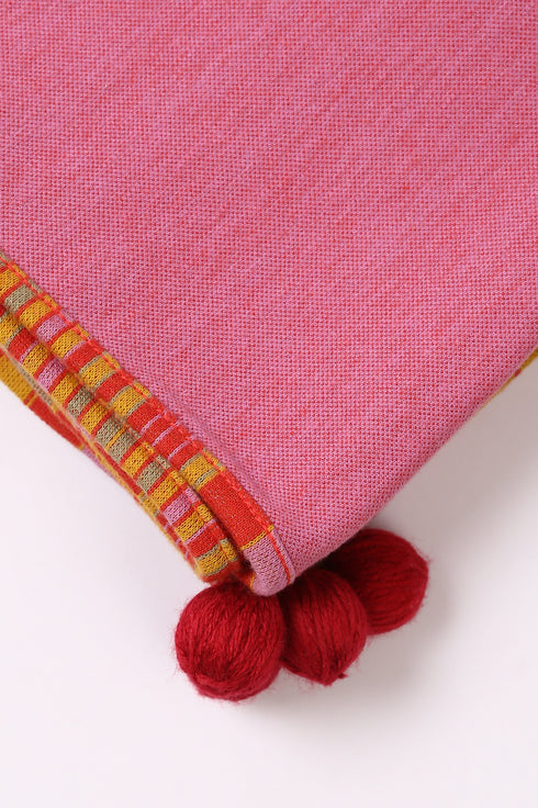 Shawl in plain cotton blend jacquard with pom poms