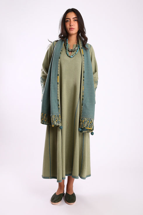 Shawl in plain cotton blend jacquard with pom poms