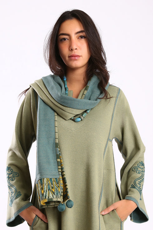 Shawl in plain cotton blend jacquard with pom poms