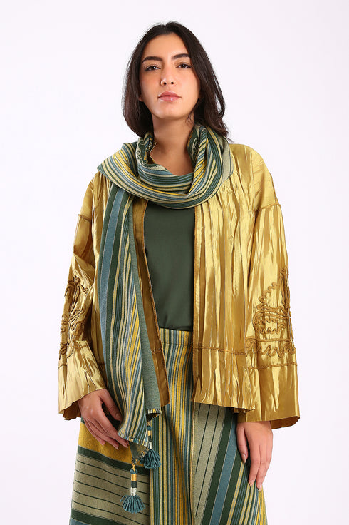 Shawl in striped jacquard cotton with tassels