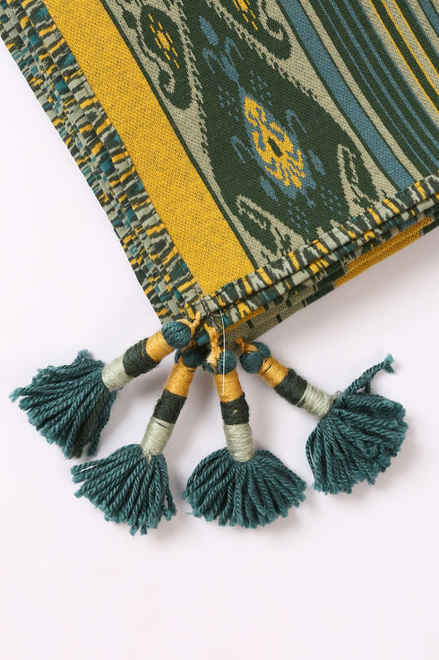Shawl in striped jacquard cotton with tassels