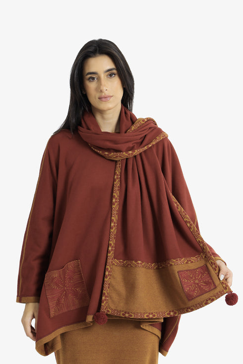 Embroidered jacquard shawl with pompom detailing