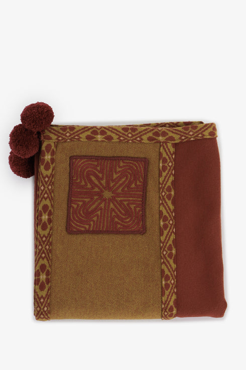 Embroidered jacquard shawl with pompom detailing