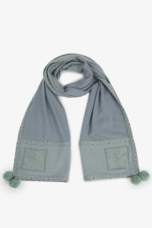 Embroidered jacquard shawl with pompom detailing