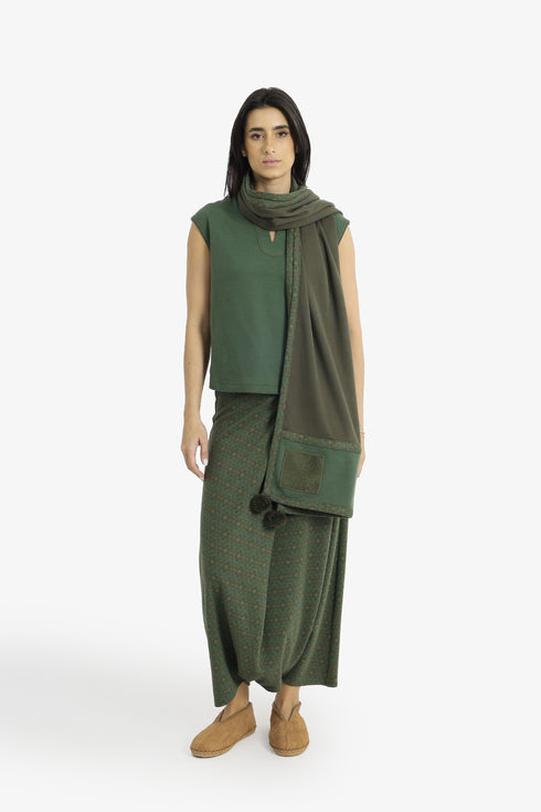 Embroidered jacquard shawl with pompom detailing