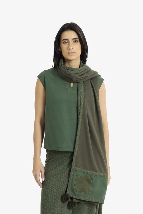 Embroidered jacquard shawl with pompom detailing