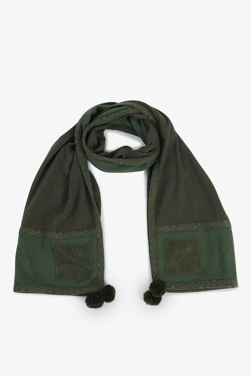 Embroidered jacquard shawl with pompom detailing