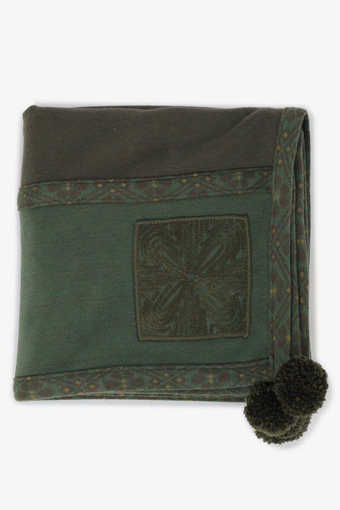 Embroidered jacquard shawl with pompom detailing
