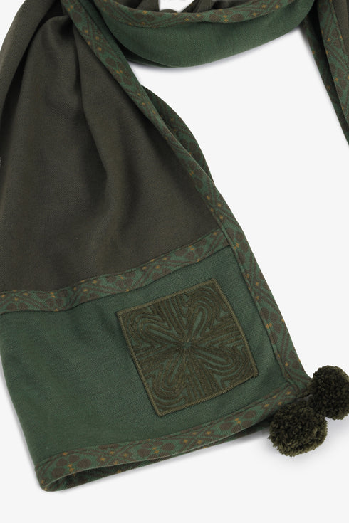 Embroidered jacquard shawl with pompom detailing