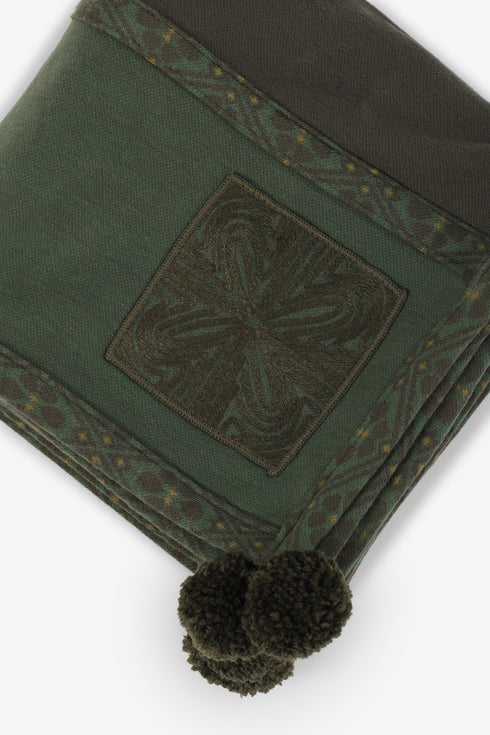 Embroidered jacquard shawl with pompom detailing