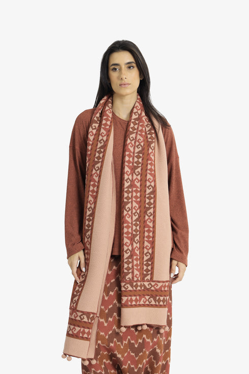 Printed quilted cotton shawl with fabric pompoms