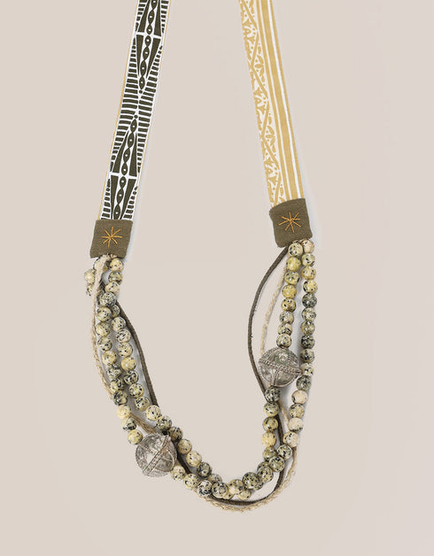 long necklace with braided linen yarn and antique bedouin silver beads