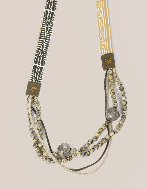 long necklace with braided linen yarn and antique bedouin silver beads