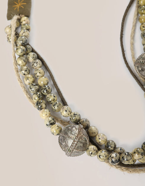 long necklace with braided linen yarn and antique bedouin silver beads