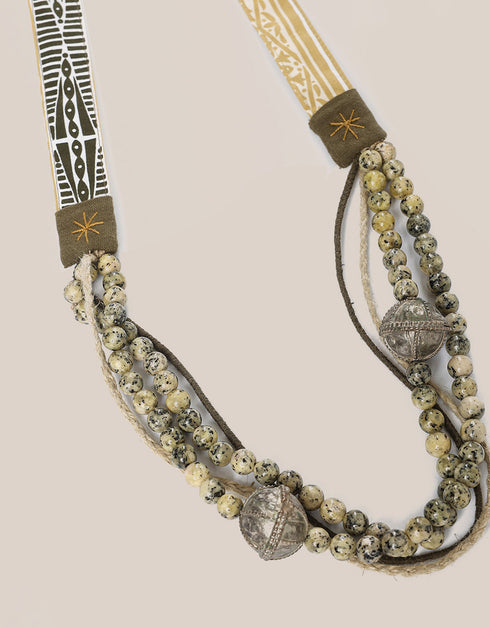 long necklace with braided linen yarn and antique bedouin silver beads