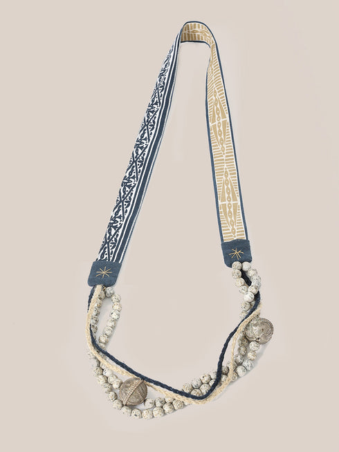 long necklace with braided linen yarn and antique bedouin silver beads