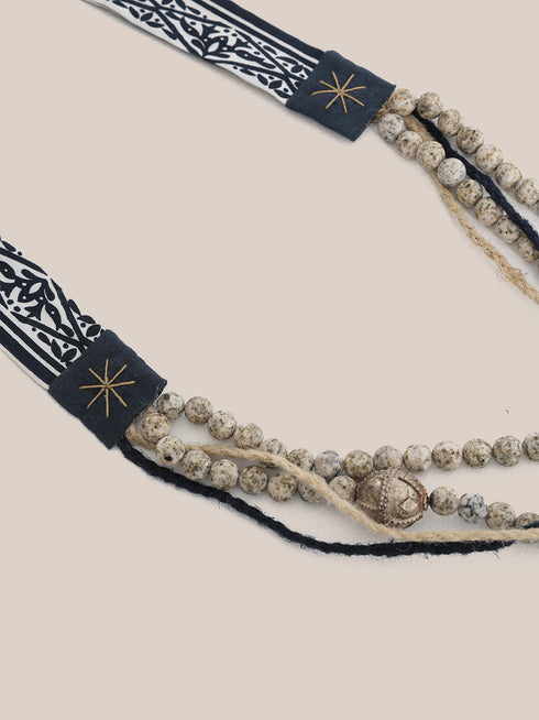 long necklace with braided linen yarn and antique bedouin silver beads