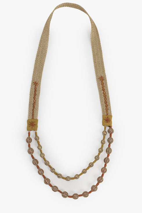 Hand embroidered layered necklace with ribbon and beads