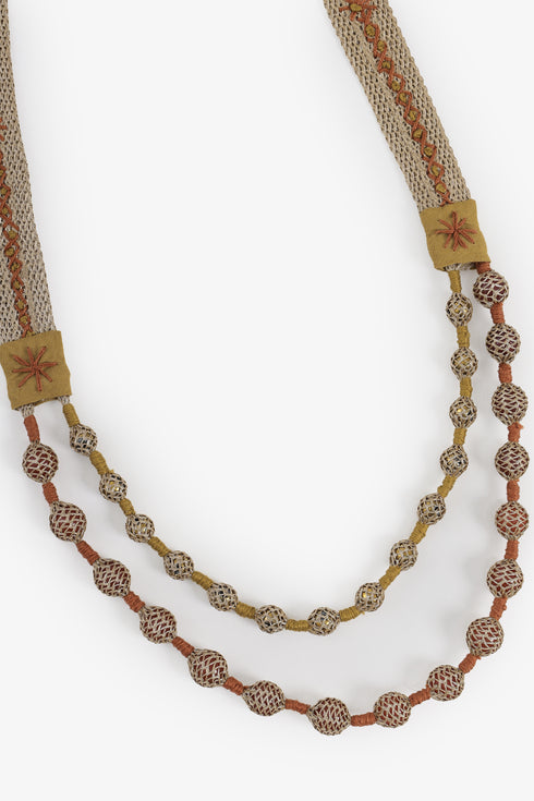 Hand embroidered layered necklace with ribbon and beads